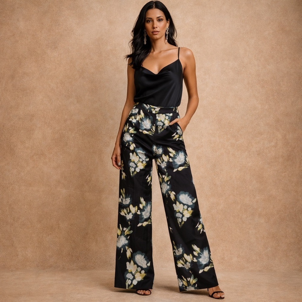 Tanya Taylor Black Floral Wide-Leg Pants